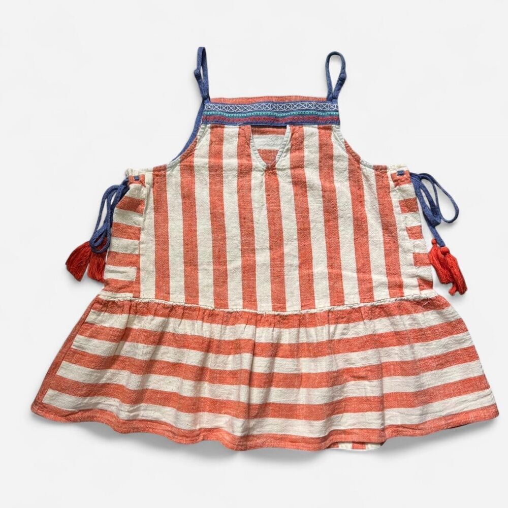 Coral and White Striped Babydoll top with Blue Detailing and Side Ties (Size S) - Picture 6 of 7